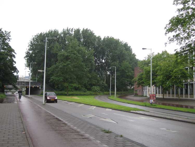 Ter oriëntatie: De Kamerlingh Onneslaan richting Amstelstation. Rechts het Pieter Nieuwlandcollege. Links achteraan het tunneltje.  