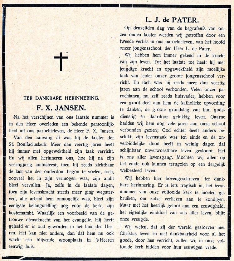 Uit krant 22-5-1926 St. Bonifatius-Klok  Overl. Koster F.X. Jansen en L.J. de Pater  