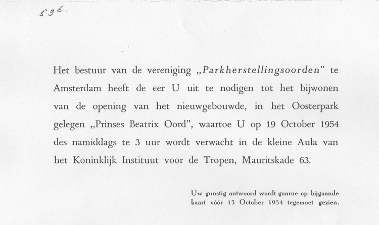 Uitnodiging. Uitnodiging uit 1954 om de opening van het Beatrixoord bij te wonen. <br />Bron: Gemeentearchief, inv. Nr. 400 2699 