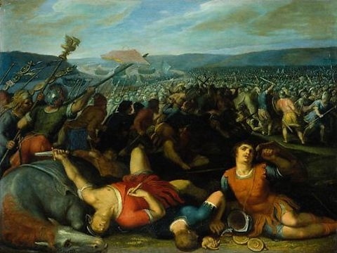 De Bataven verslaan de Romeinen bij de Rijn  <p>Otto van Veen, 1613 <a href="http://commons.wikimedia.org/wiki/File:Veen02.jpg">(Bron: Wikimedia Commons)</a></p>