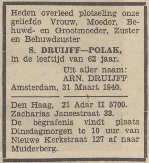 Overlijdensbericht van mevrouw Druijff. Bron: Utrechts Volksblad van 02 april 1940, Historische kranten, KB. 
