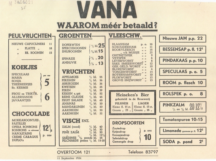 Reclame materiaal. Deze reclame folder van de VANA is weliswaar voor een VANA-filiaal op de Overtoom, maar gelijksoortige folders kwam je meer tegen. <br />Bron: Klein Materiaal, SAA> 