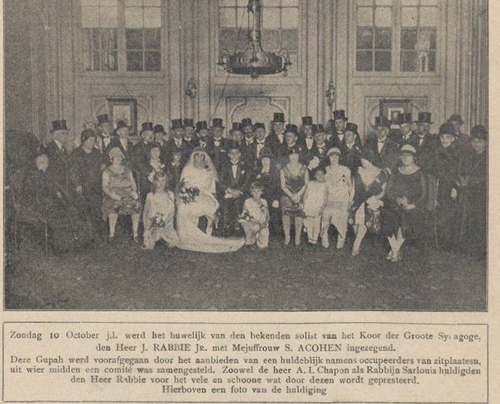 Huwelijksfoto van Jo Rabbie en Simcha Acohen. Bron: De vrijdagavond; joodsch weekblad jrg 3, 1926, no 29, 15-10-1926. 