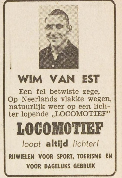Wim 'de locomotief' van Est. Wim van Est (de "Locomotief") in Het Vrije Volk van 3 mei 1954.<br />Bron: Historische Kranten, KB. 