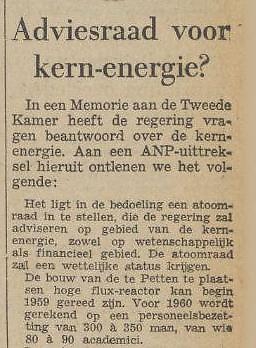 Bouw van een 'flux reactor' in Petten. Dit artikel (klein deel) is afkomstig uit De Waarheid van 15 november 1958. Bron: Historische kranten KB. 