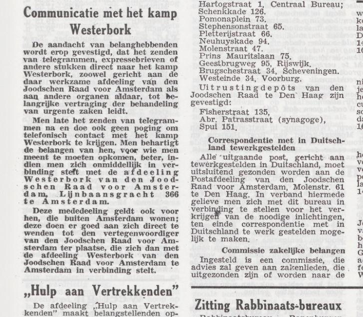 Communicatie met Kamp Westerbork. Uit: Het Joodsche Weekblad, uitgave van den Joodschen Raad voor Amsterdam <br />(van 18 september 1942). <br />Uitgever: Joachimsthal 