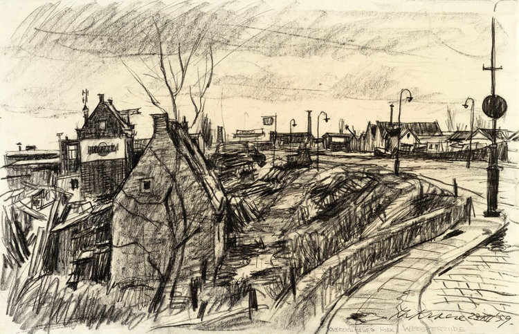 Weesperzijde gezien vanaf de Overzichtweg. Rechts de Duivendrechtsekade. 1959 tekening Tekening van Theo Kroeze, 1959.<br />Bron: Beeldbank Stadsarchief Amsterdam 