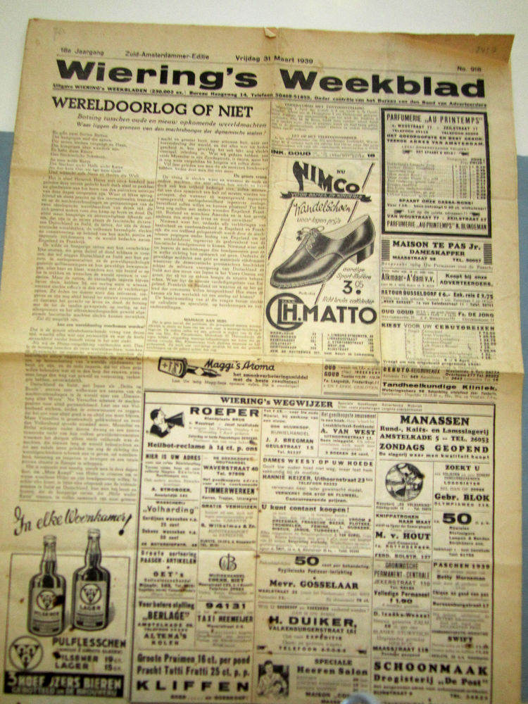 De krant op A3-formaat uit 1939 met bovenaan het adres Hoogeweg 14 ! Helaas is de afdruk van slechte kwaliteit.  