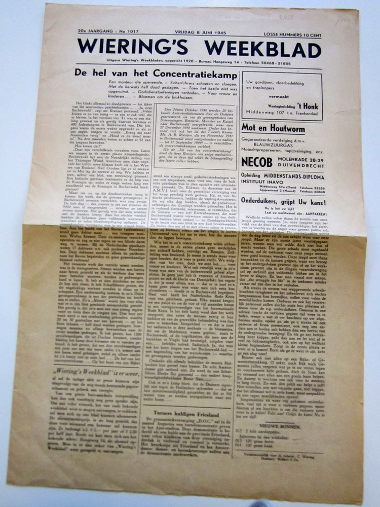 Een voorblad uit 1945 op A3-formaat i.v.m. de schaarste van papier e.d. in die tijd. Bovenaan het adres Hoogeweg 14 ! Ook deze afdruk helaas van slechte kwaliteit.  
