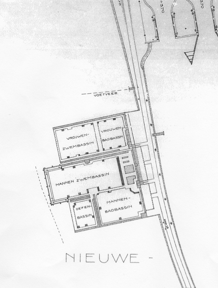 Kaart van de Dienst Openbare Werken (deel) van 1933. Afgebeeld is het Nieuwe Diep met het centenbadje met, zoals beschreven in het verhaal, de plek van het voetveer (pontje).<br />Brond: Stadsarchief Amsterdam 