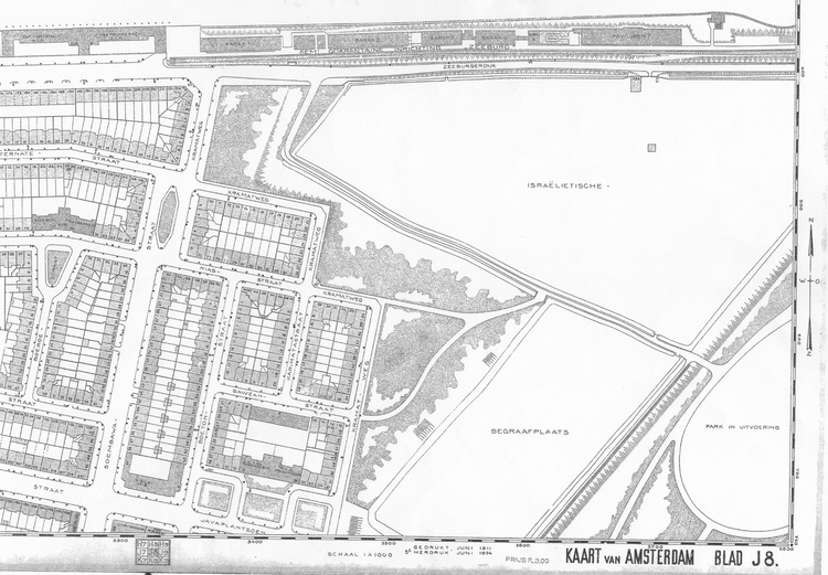 Kaart van de DOW uit 1934. Deze kaart uit 1934, van de Dienst Openbare Werken, geeft een beeld van de Joodse (Israëlitische) begraafplaats. Tussen het meest noordelijke- en het middengedeelte (het zuidelijke deel is niet zichtbaar) lag het zwarte weggetje. <br />Bron: Gemeentearchief Amsterdam. 