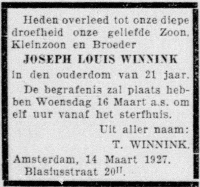 Opnieuw een overlijdensbericht. Kort na het overlijden van hun dochter, overlijdt ook de zoon van Tobias en Flora Winnink. David de Levita noemde hem 'Jopie'.<br />Bron: De Telegraaf van 15 maart 1927, Historische Kranten, KB. 