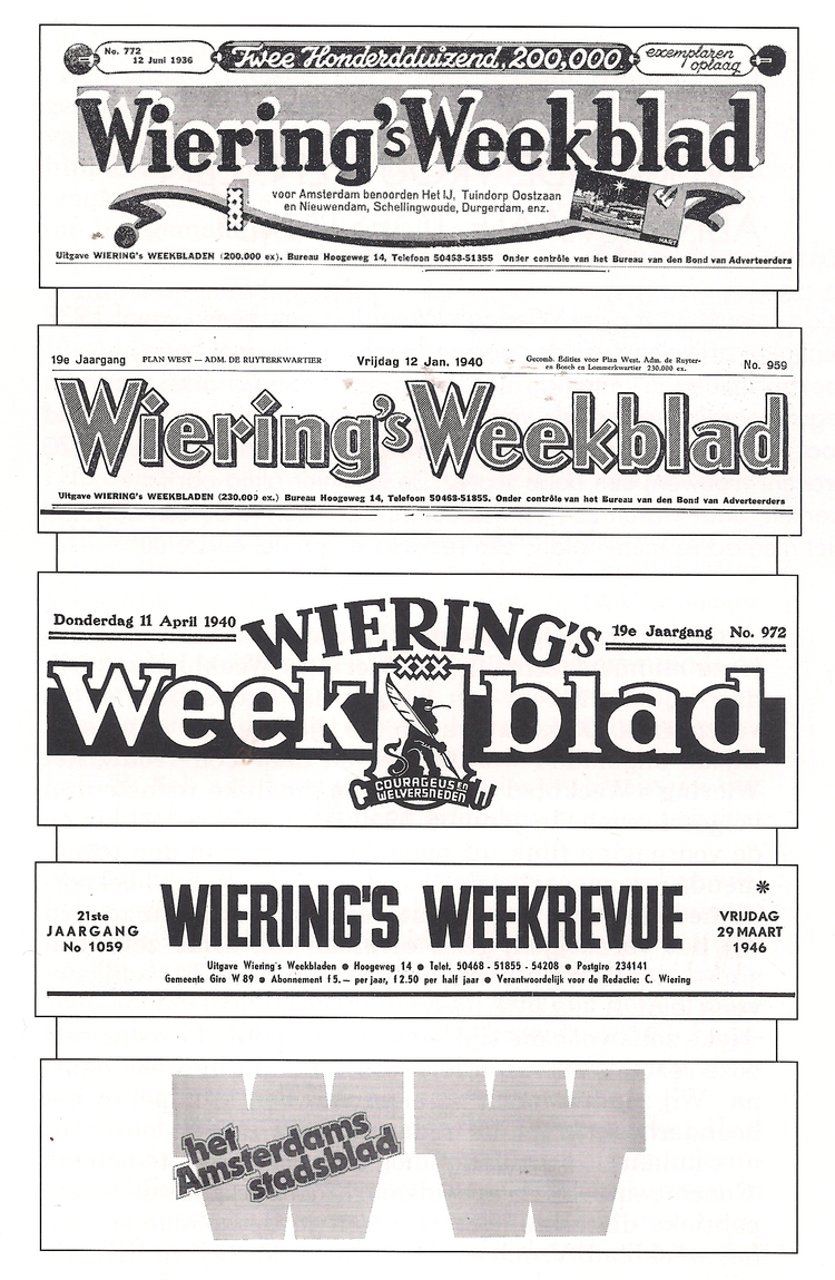 Lettertype Het lettertype van de krantenkop veranderde regelmatig in de periode van Wiering's Weekblad naar Amsterdams Stadsblad.<br />Foto: Krant voor de buurt 