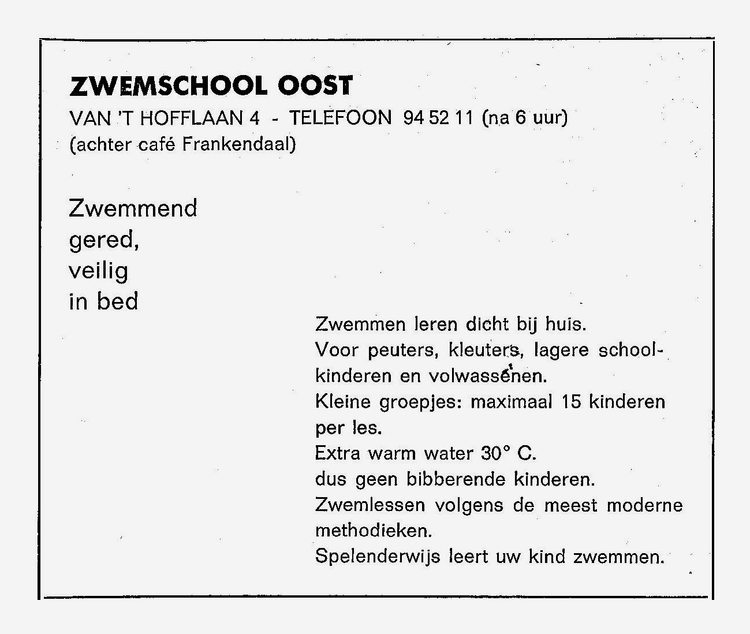 Zwemschool Oost  advertentie uit 1973  