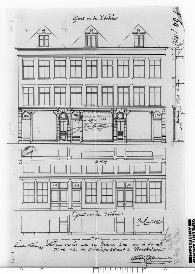 Eerste Oosterparkstraat 106-108-110 in 1899 Archief van de Dienst Bouw- en Woningtoezicht. <br />Beeldbank van het Stadsarchief Amsterdam 