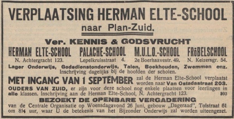 Palacheschool NIW 21-06-1935. Advertentie met o.a. Palacheschool, bron: het NIW van 21-06-1935 