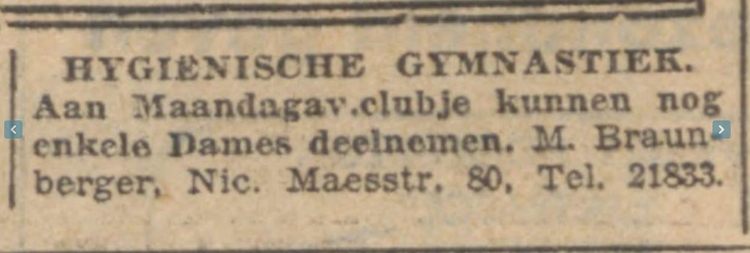 Leraar Braunberger Adv voor ‘hygiënische gymnastiek’ door M. Braunberger.<br />Bron: Alg.Hand. 13-11-1930<br /> 