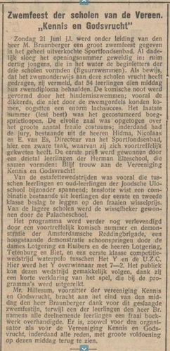Zwemfestijn! Braunberger organiseert het ‘jaarlijkse zwemfestijn’ voor de vereniging Kennis en Godsvrucht. Bron: NIW van 26 juni 1931. 