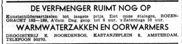 Kastanjeplein 9, drogist Noordenbos.  Drogisterij Noordenbos, Kastanjeplein 9. Bron: Het Volk: dagblad voor de arbeiderspartĳ van 26-01-1940. 