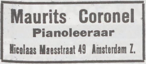 31d Muziekleraar Maurits Coronel.JPG  Bron: Het joodsche weekblad: uitgave van den Joodschen Raad voor Amsterdam van 17-04-1941.  