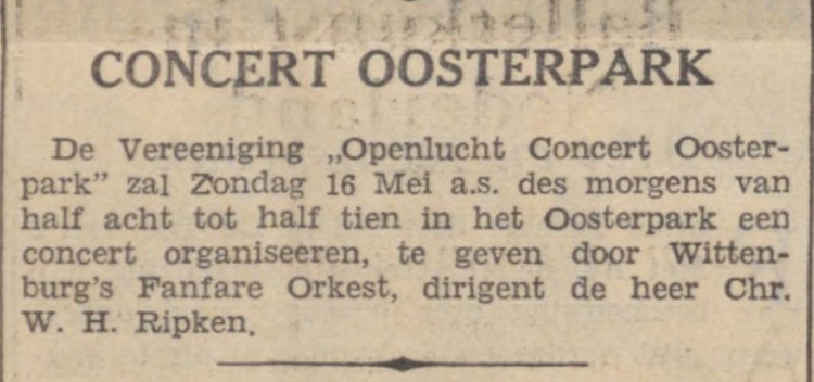 Openluchtconcert Oosterpark 1937. Openluchtconcert Oosterpark. Bron: De Tĳd - godsdienstig - staatkundig dagblad van     13-05-1937 