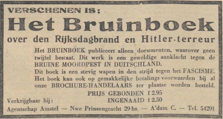 Het Bruinboek is te koop! Advertentie voor ‘Het Bruinboek’ in De tribune: soc. dem. Weekblad van 04-10-1933 