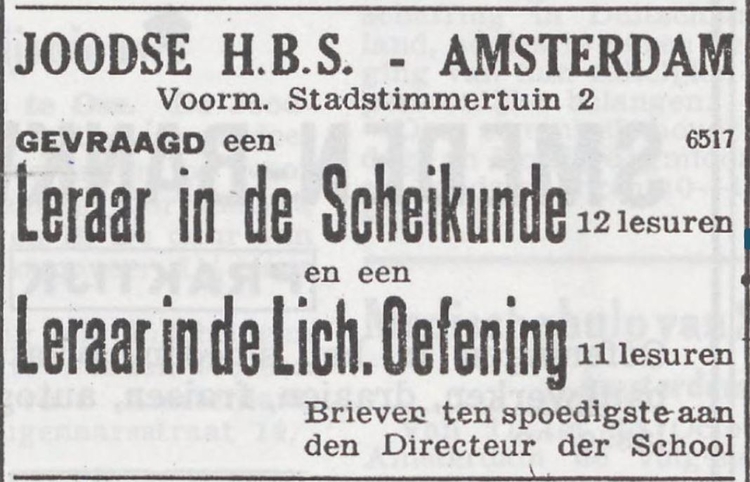 De Joodse HBS. De Joodse HBS in oorlogstijd. Bron: Het Joodsche Weekblad: uitgave van den Joodschen Raad voor Amsterdam van 02-10-1942 