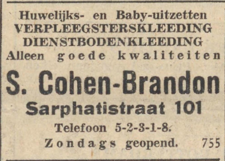 De zaak van Suze Branden. Advertentie voor de zaak van tante Suze Cohen-Brandon. Bron: Het NIW van 21-06-1940 