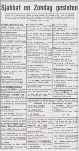 Het Joodsche Weekblad (1941) met oa de zaak van Suze Cohen-Brandon.JPG Sjabbat en Zondag gesloten! Bron: Het joodsche weekblad: uitgave van den Joodschen Raad voor Amsterdam van 25-07-1941 