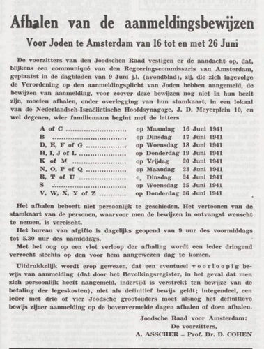 Aanmeldingsplicht. Aanmeldingsplicht voor Joden. Bron: Het joodsche weekblad van 13-06-1941 