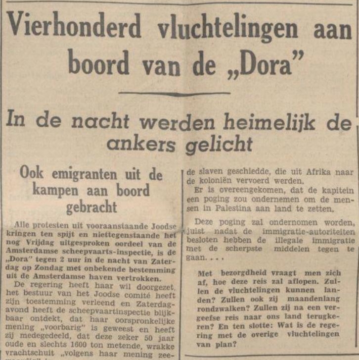 De Dora vertrekt. Vierhonderd vluchtelingen gaan aan boord van de Dora.<br />Bron: Het Volksdagblad: dagblad voor Nederland van 17-07-1939<br /> 