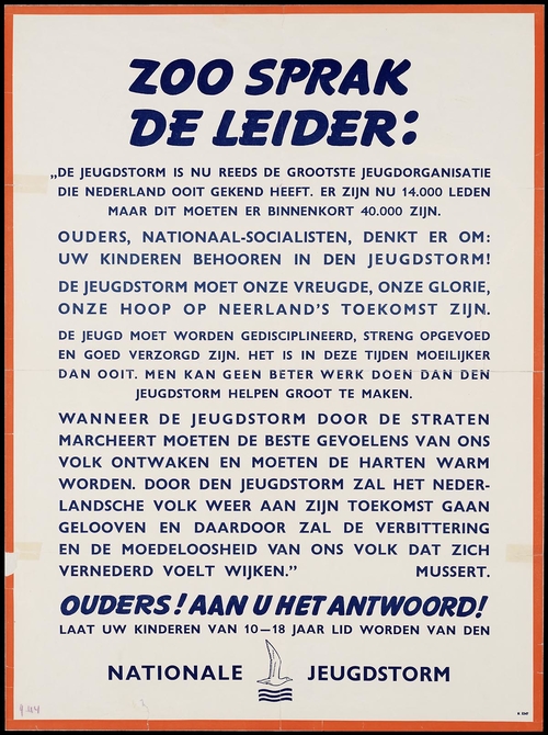 Over de Ned. jeugdstorm. Uit de collectie: Oorlogsaffiches 1940-1945, datering 1942 (bron: Niod). Gevonden bij: Geheugen van Nederland. <br />Let op: dit is een verwerpelijke organisatie. 