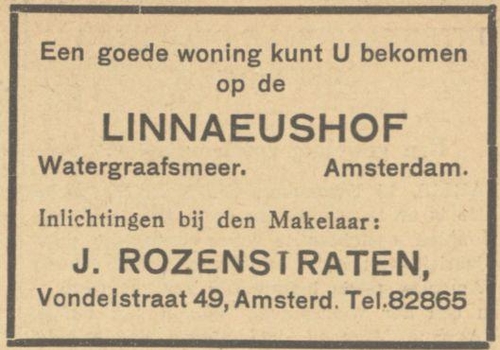 Woningen te huur in het Linnaeushof. Bron: De Maasbode van 16-11-1929 Rozenstraten 
