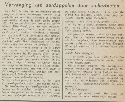 Suikerbieten in plaats van Aardappelen. Hoe bewerk ik mijn suikerbieten? Bron: De Nieuwe Apeldoornsche courant van <br />16 maart 1945. <br /> 