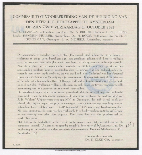 Aankondiging huldiging van Opa Amstellaan.  Inventarisnummer 30579: Collectie Stadsarchief Amsterdam: personalia.<br /> 