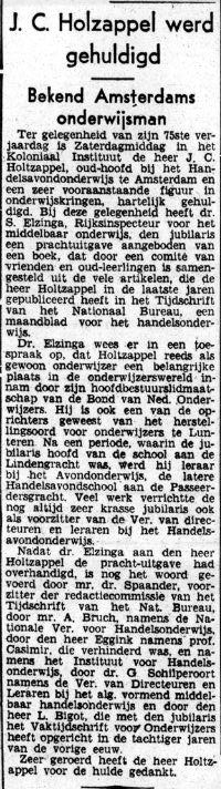 Huldiging J.C. Holtzappel in de krant. Bron: Het Volk van 25-10-1943<br /> 