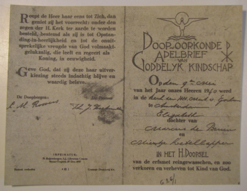 Doopbewijs. Doopbewijs van Elisabeth de Bruin. bron: SAA, inv.nr. 1031-240. 