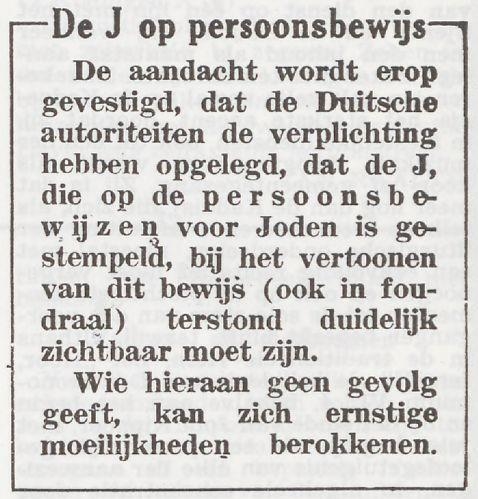 De J op het persoonsbewijs! Bron: Het Joodsche Weekblad: uitgave van den Joodschen Raad voor Amsterdam van 23-01-1942. 