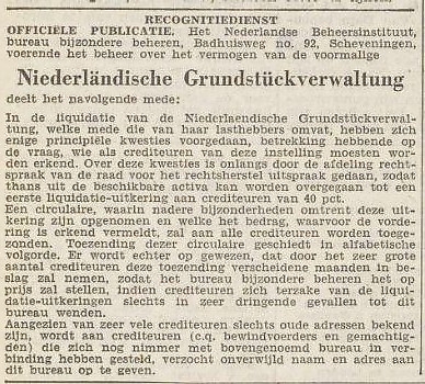 Melding van het Nederlands Beheersinstituut. Bron: Het Vrĳe Volk van 15 maart 1950. 