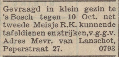Mevrouw Van Lanschot zoekt braaf katholiek meisje.  Bron: Nieuwe Tilburgsche Courant van 15 september 1932. 