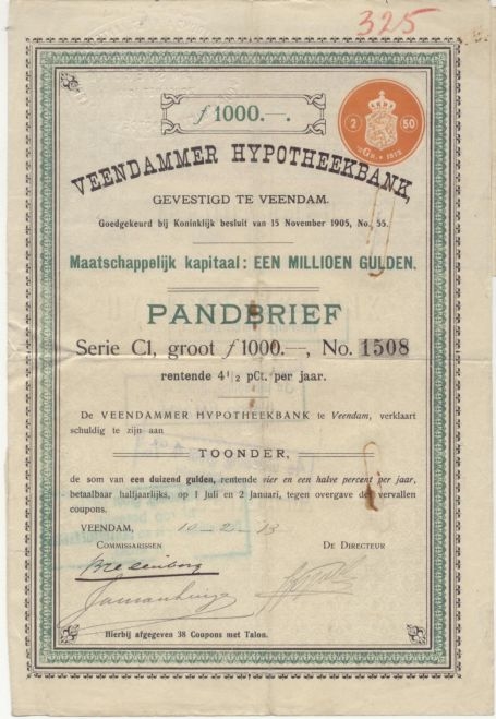 Pandbrief van de Veendammer hypotheekbank. Bron: www.oudefondsen.nl  