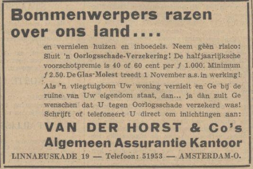 Bureau Van der Horst - Linnaeuskade 19.  Bron: Het Algemeen Handelsblad van 20-10-1940 