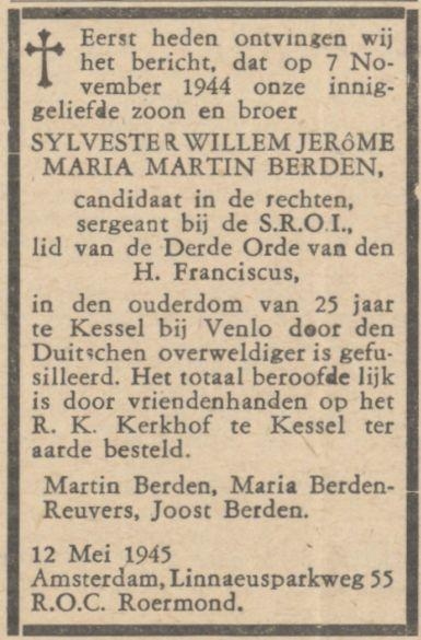 Rouwadvertentie - Sylvester Berden. Bron: De nieuwe dag van 16-05-1945 