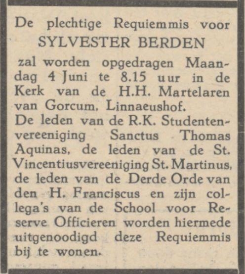 Rouwadvertentie voor Sylvester Berden. Bron: De nieuwe dag van 25-05-1945. 