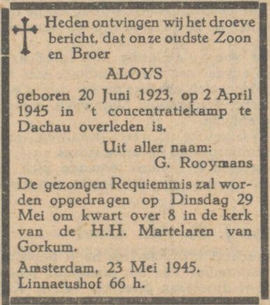 Rouwadvertentie voor Aloys Rooijmans. Bron: De nieuwe dag van 26-05-1945.  