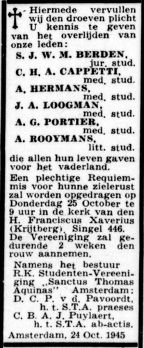 Rouwadvertentie voor Aloys Rooijmans. Bron: De Tĳd: godsdienstig-staatkundig dagblad van 24-10-1945 
