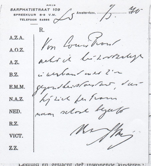 Medische controle door GGD arts (1940) Briefje recept (?) van de huisarts of GGD - arts die Louis moest beoordelen. 