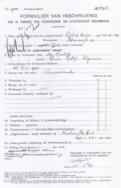 Dossier Mozes Gobitz. Formulier van inschrijving voor de Commissie voor Steunverleening aan “uitgetrokken” sigarenmakers’, 12 januari 1922. Bron: SAA, dossier Mozes Gobitz. 