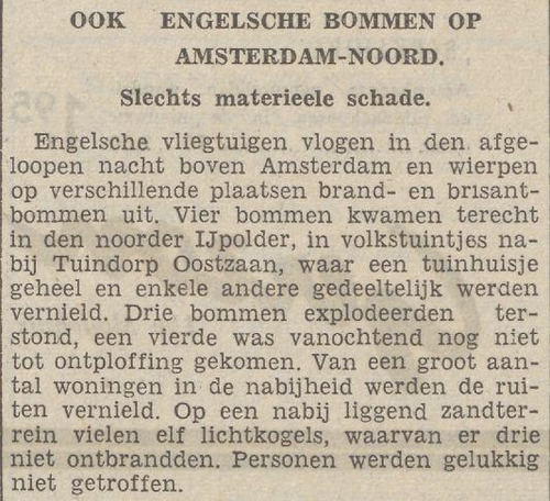 Bommen op Tuindorp. Engelsche Bommen op Tuindorp Oostzaan. Bron: Nieuwe Tilburgsche Courant van 13-08-1940 