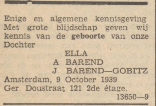 Aankondiging geboorte Ella Barend.  Geboorte Ella Barend – Gobitz. Bron: Zaans volksblad: sociaal-democratisch dagblad van 11-10-1939 